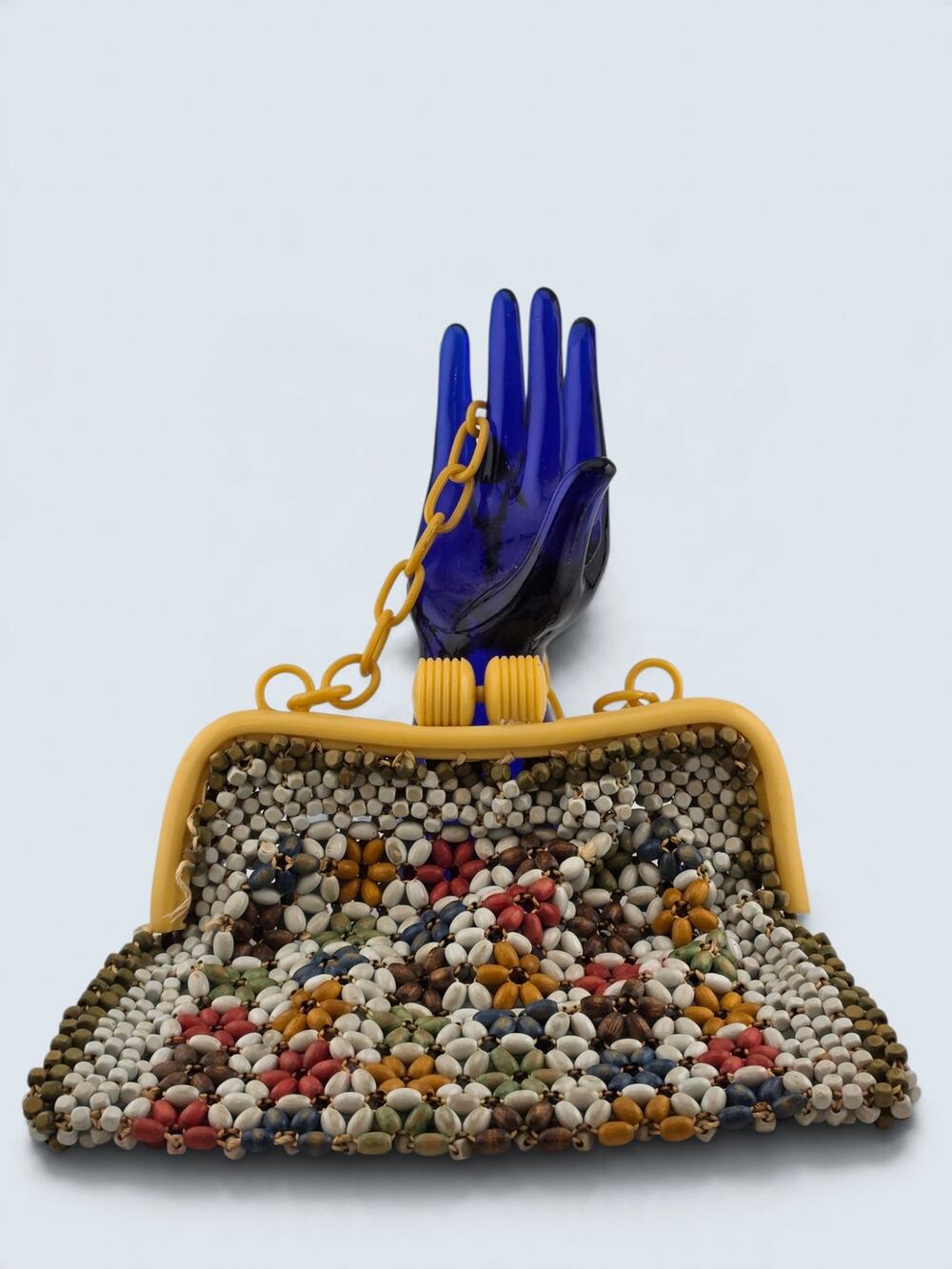 Antique 1930s Czech Style Wood Bead Purse Celluloid Frame Chain